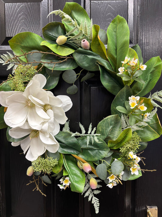 Classic Magnolia & Fern Faux Floral Wreath Immediate despatch Free P&P